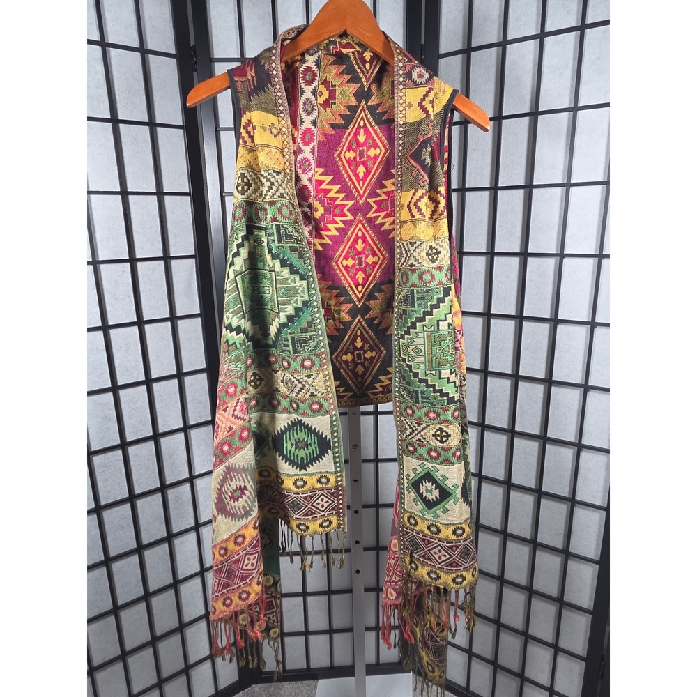Southwestern Geometric Tapestry Fringe Draped Open Front Vest OS Women